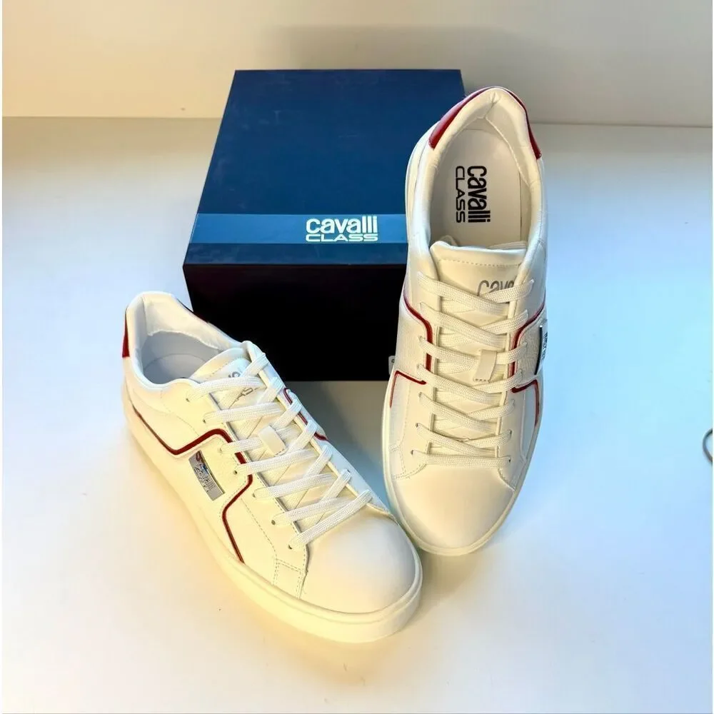 NWT Roberto Cavalli metal logo low top men sneaker in white with red accent Size